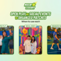 Pickleball players at different event types — open play, social mixer, and organized match