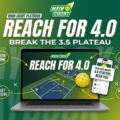 Pickleball player transitioning forward at the net, illustrating the jump from 3.5 to 4.0 level play