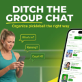Frustrated pickleball player scrolling through a chaotic group chat on their phone