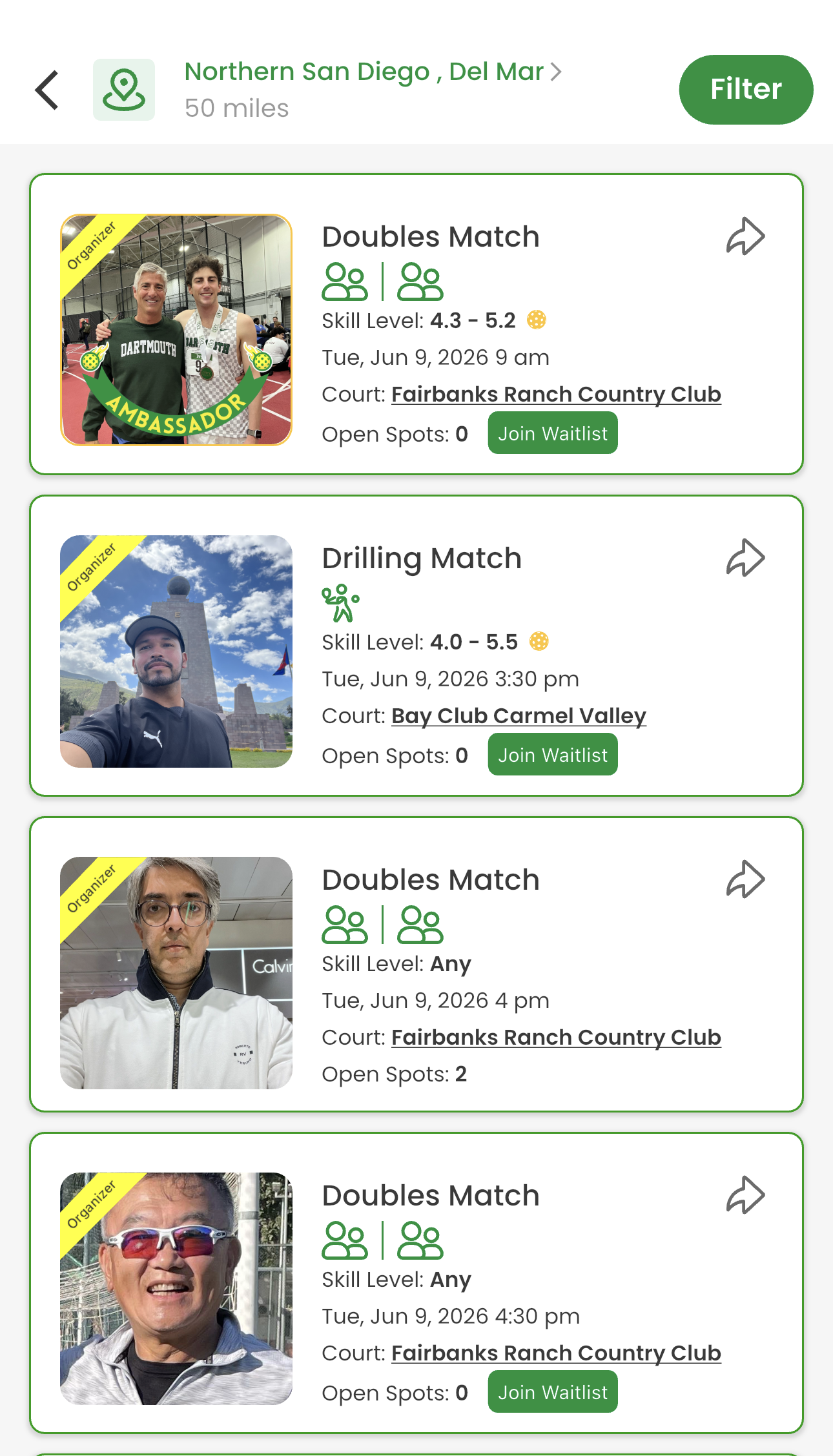 Main Court Open Matches feed showing nearby pickleball games with skill ranges, courts, and join waitlist options