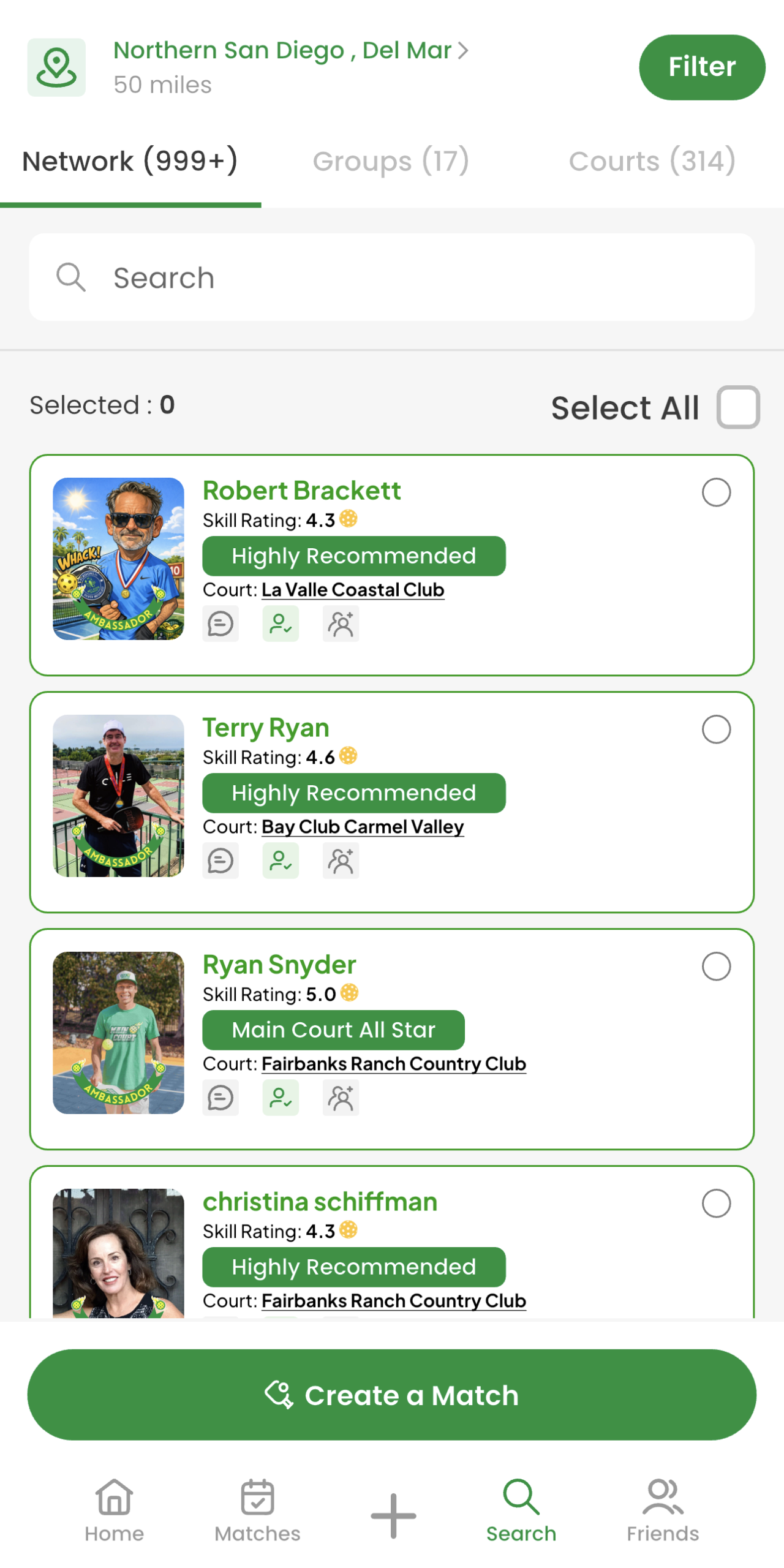 Main Court Search Network tab showing nearby pickleball players with skill ratings and recommendation badges