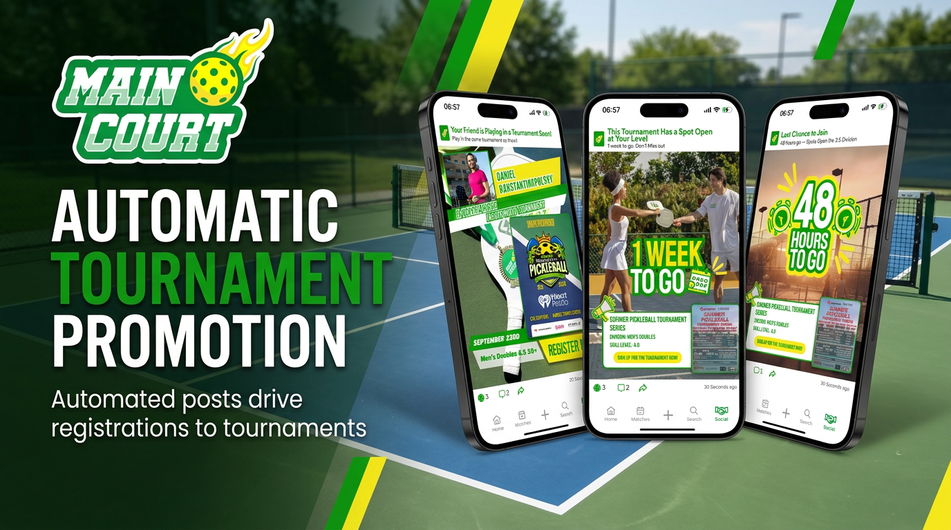 Main Court tournament promotion dashboard showing event creation and player engagement
