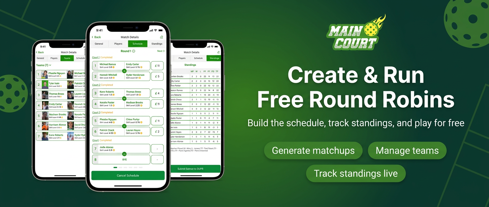 Create and run free Round Robins in Main Court — generate matchups, manage teams, and track standings live
